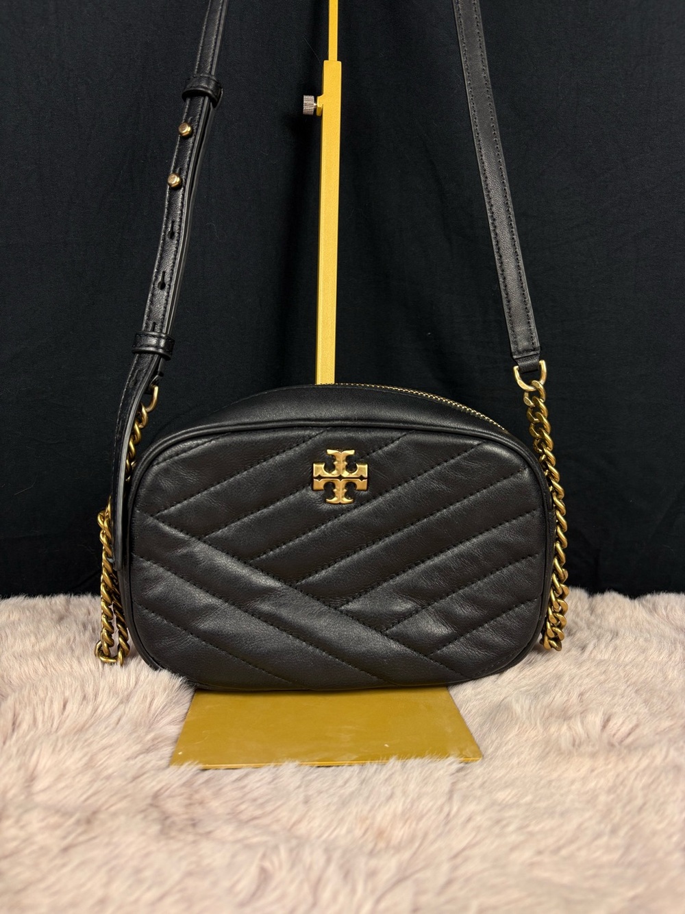 Tory Burch Kira Chevron Black Napa Leather Camera Bag Crossbody